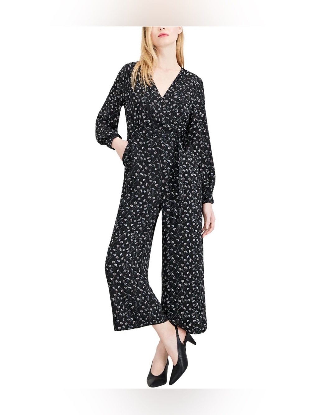 Maison Jules Black Floral Wrap Jumpsuit